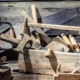 Wooden carpenters box with tools