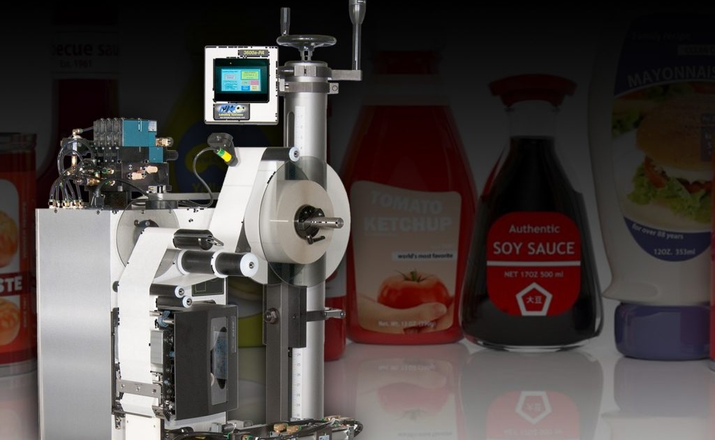 Print-and-apply label system applying labels to products.