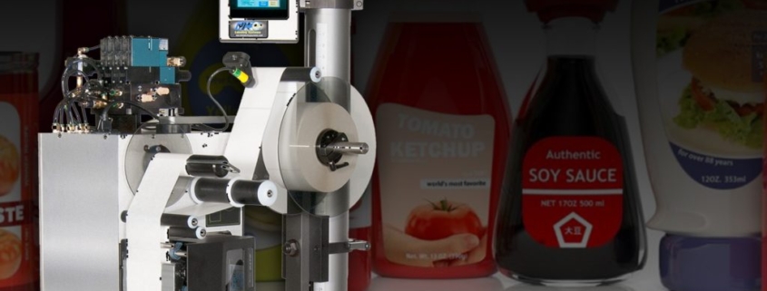 Print-and-apply label system applying labels to products.