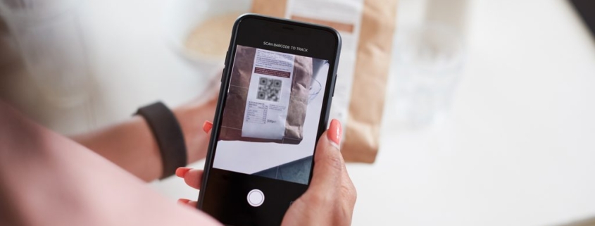 Connected packaging label with a QR code.