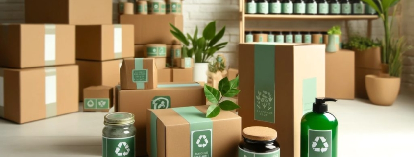Eco-friendly labels on sustainable product packaging.
