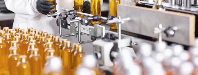 Bottles about to enter an automatic label applicator.