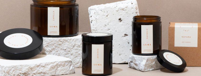 Several product packages with labels in a staggered line.